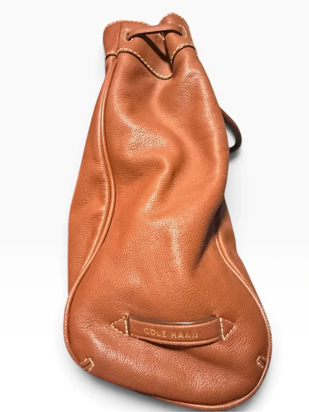 Cole Haan Double Strap Hobo Leather Purse Drawstring Tassel Accent Brown